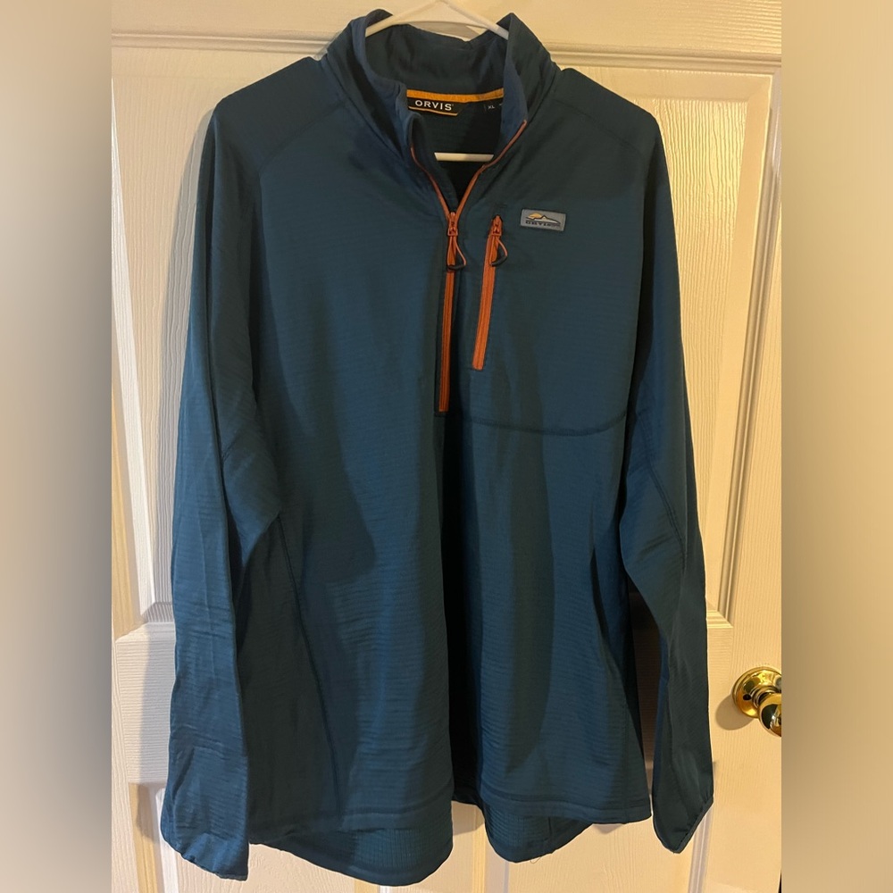 Orvis Mens XL quarter zipper, light weight pullover, bluish/greenish color.